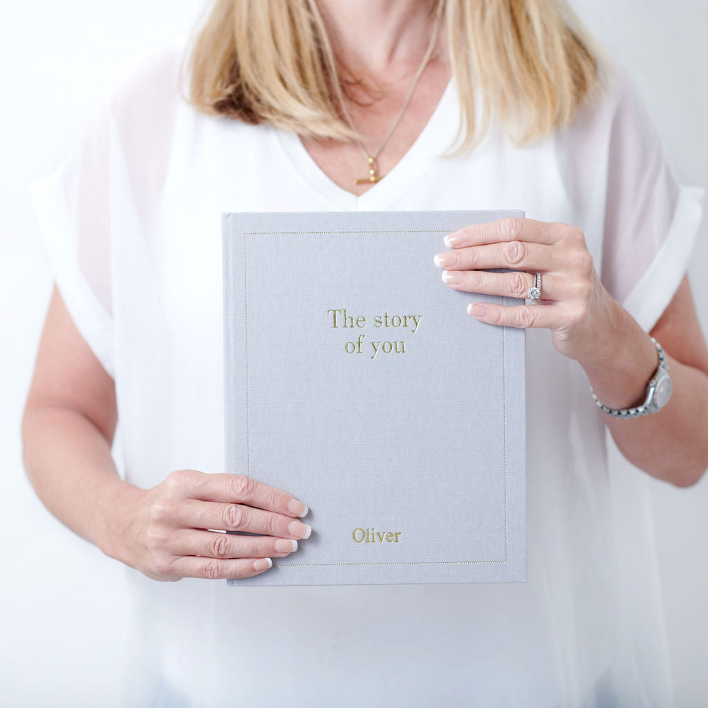the story of you, a baby memory book in grey