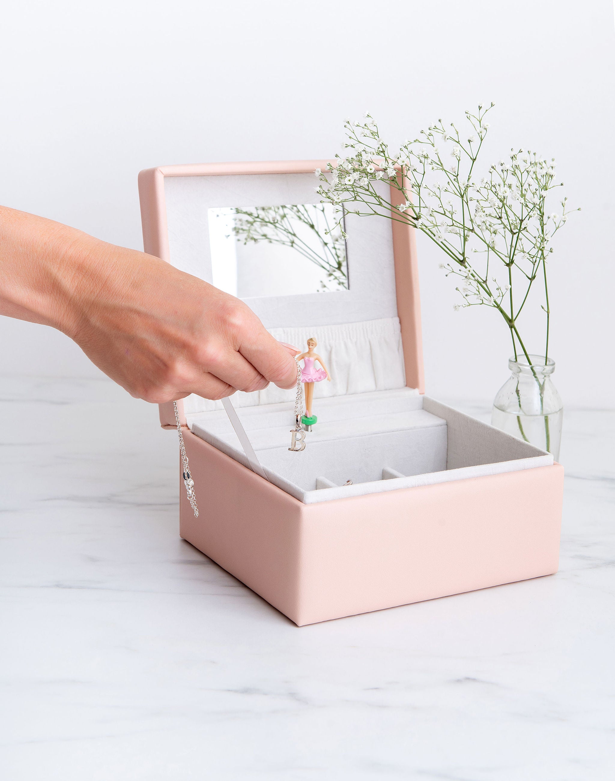 musical jewellery box in blush pink