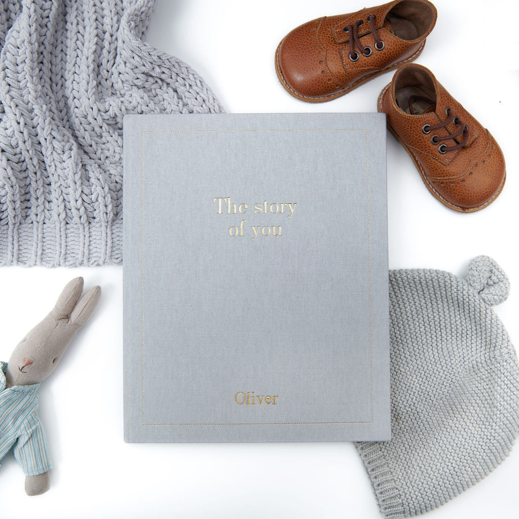 the story of you, a baby memory book in grey