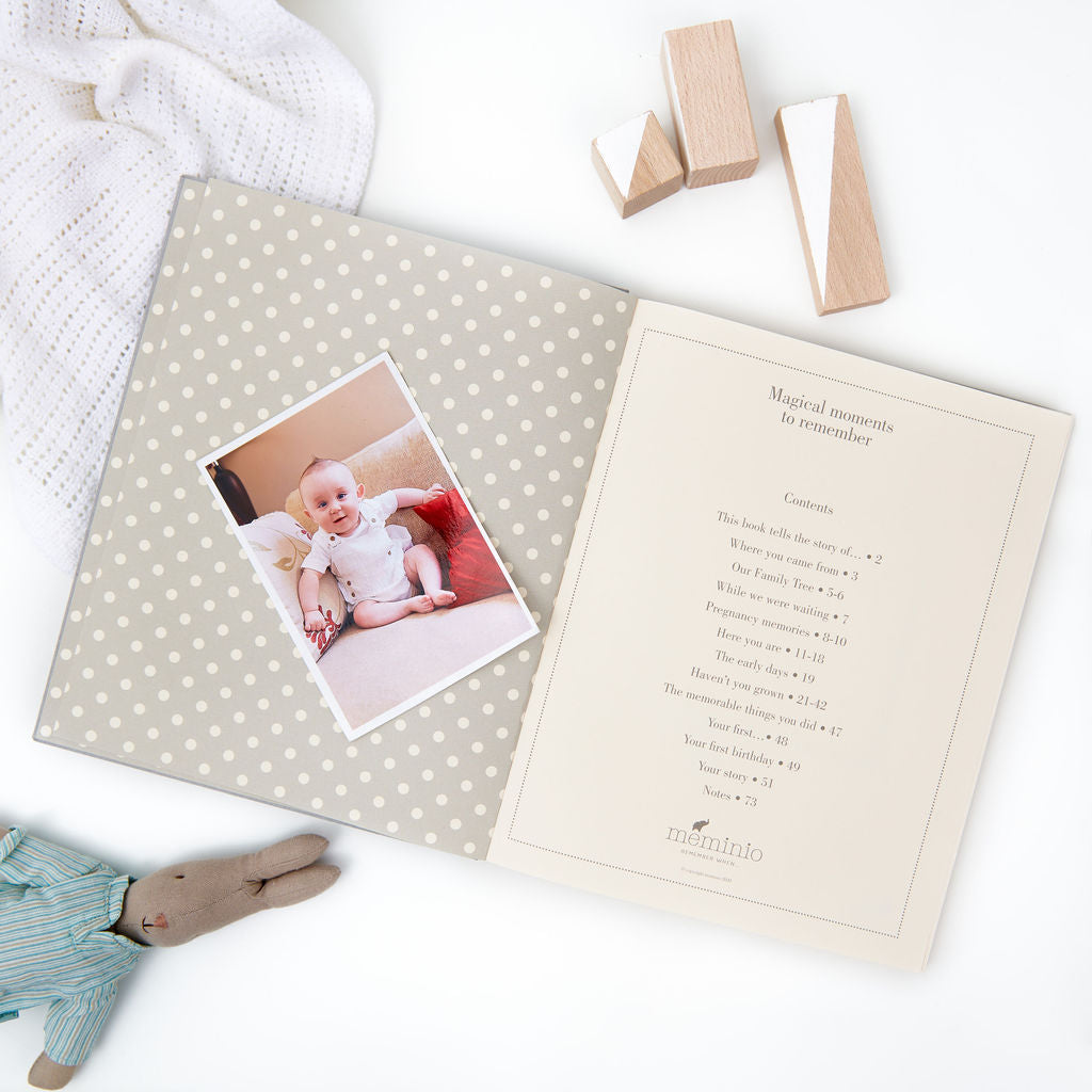 the story of you, a baby memory book in grey